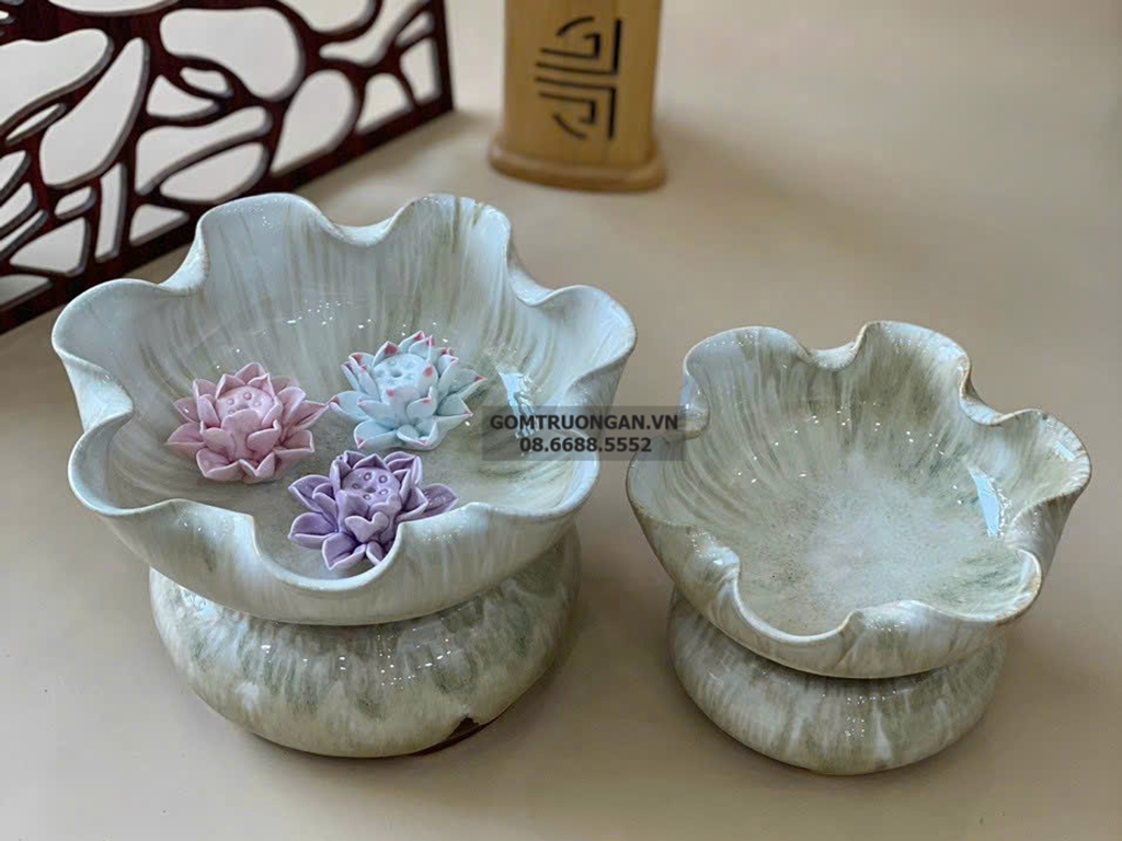 Bát thả hoa thần tài đường kính 24cm men hỏa biến cẩm thạch kèm chân đế(không bao gồm sen sứ) 1